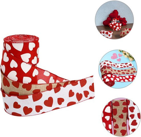 Valentine's Day Ribbons - 3 Rolls - Handmade Ribbons - Heart Pattern - Natural Texture - Suitable for wrapping flowers and party decorations （2m）