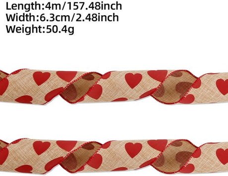 Valentine's Day Ribbons - 3 Rolls - Handmade Ribbons - Heart Pattern - Natural Texture - Suitable for wrapping flowers and party decorations （4m）