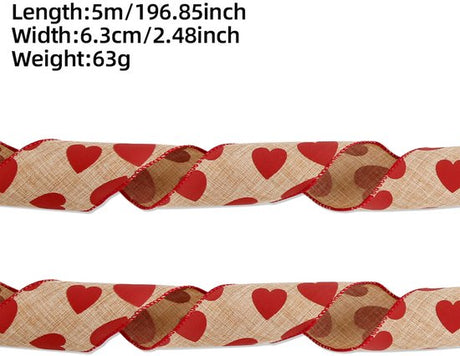 Valentine's Day Ribbons - 3 Rolls - Handmade Ribbons - Heart Pattern - Natural Texture - Suitable for Wrapping Flowers and Party Decorations （5m）