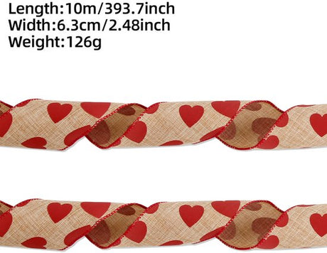 Valentine's Day Ribbons - 3 Rolls - Handmade Ribbons - Heart Pattern - Natural Texture - Suitable for Wrapping Flowers and Party Decorations （10m）