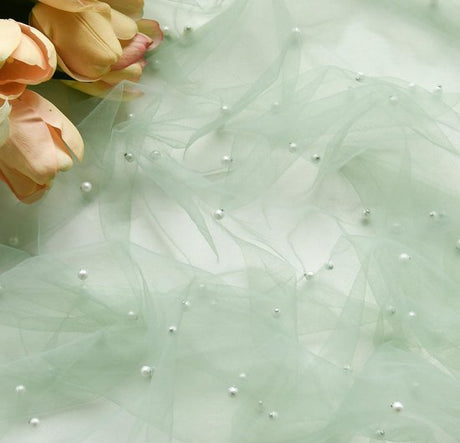 Light Green Table Veil with White Pearls - Silky Gauze 30x120 Inches - For Weddings, Parties & Table Decorations