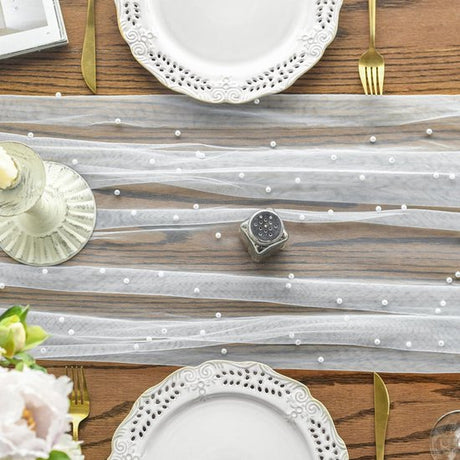 White Table Veil with White Pearls - Silky Gauze 30x120 Inches - For Weddings, Parties & Table Decorations