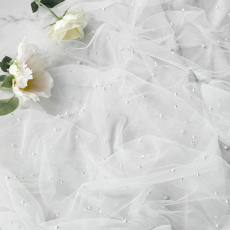 White Table Veil with White Pearls - Silky Gauze 30x120 Inches - For Weddings, Parties & Table Decorations