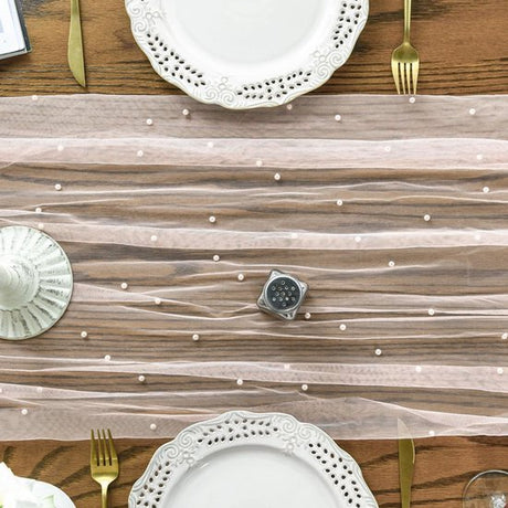 Pink Table Veil with White Pearls - Silky Gauze 30x120 Inches - For Weddings, Parties & Table Decorations