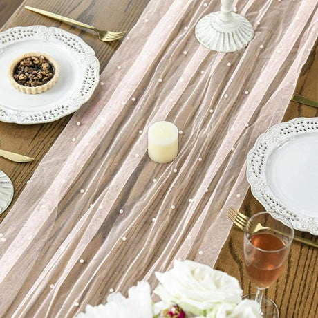 Pink Table Veil with White Pearls - Silky Gauze 30x120 Inches - For Weddings, Parties & Table Decorations