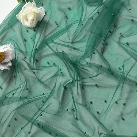 Yellow Table Veil with White Pearls - Silky Gauze 30x120 Inches - For Weddings, Parties & Table Decorations