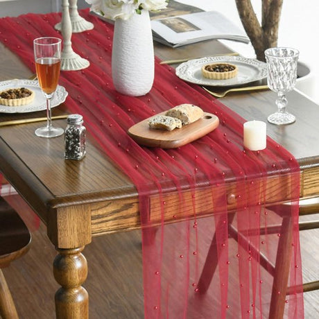 Red Table Veil with White Pearls - Silky Gauze 30x120 Inches - For Weddings, Parties & Table Decorations
