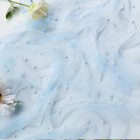 Light Blue Table Veil with White Pearls - Silky Gauze 30x120 Inches - For Weddings, Parties & Table Decorations
