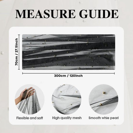 Black Table Veil with White Pearls - Silky Gauze 30x120 Inches - For Weddings, Parties & Table Decorations