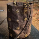 Checked and Embroidery Bucket Bag - Denim Shoulder Bag - Adjustable Strap & Handle - 14x21 cm