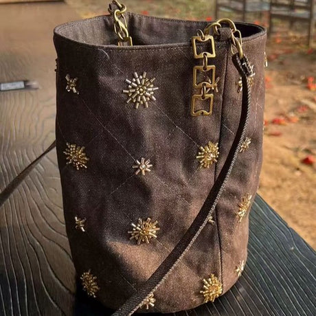 Checked and Embroidery Bucket Bag - Denim Shoulder Bag - Adjustable Strap & Handle - 14x21 cm