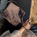 Checked and Embroidery Bucket Bag - Denim Shoulder Bag - Adjustable Strap & Handle - 14x21 cm