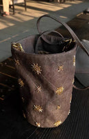 Checked and Embroidery Bucket Bag - Denim Shoulder Bag - Adjustable Strap & Handle - 14x21 cm