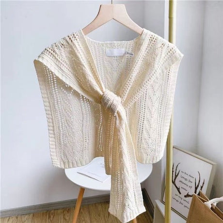 Knitted Openwork Shoulder Dress - Lightweight Cardigan & Scarf in One - Solid Color Goes With Everything - White