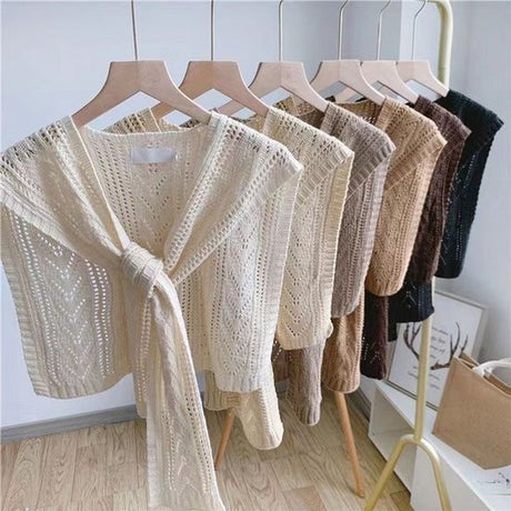 Knitted Openwork Shoulder Dress - Lightweight Cardigan & Scarf in One - Solid Color Goes With Everything - White