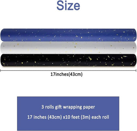 3 Rolls of Birthday Wrapping Paper - 43cm x 3m Per Roll - Blue, White & Black - Large Roll of Recyclable Paper