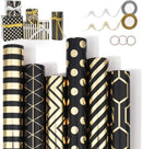 Wrapping Paper Set - 6 Rolls Gold & Black Christmas - Includes Ribbon & Stickers - 43x300 cm Per Roll