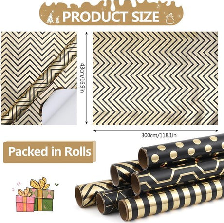 Wrapping Paper Set - 6 Rolls Gold & Black Christmas - Includes Ribbon & Stickers - 43x300 cm Per Roll