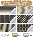 Wrapping Paper Set - 6 Rolls Gold & Black Christmas - Includes Ribbon & Stickers - 43x300 cm Per Roll