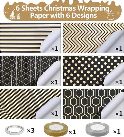 Wrapping Paper Set - 6 Rolls Gold & Black Christmas - Includes Ribbon & Stickers - 43x300 cm Per Roll