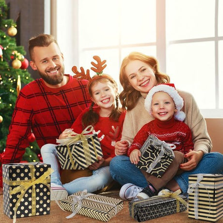 Wrapping Paper Set - 6 Rolls Gold & Black Christmas - Includes Ribbon & Stickers - 43x300 cm Per Roll