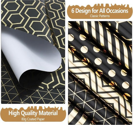 Wrapping Paper Set - 6 Rolls Gold & Black Christmas - Includes Ribbon & Stickers - 43x300 cm Per Roll