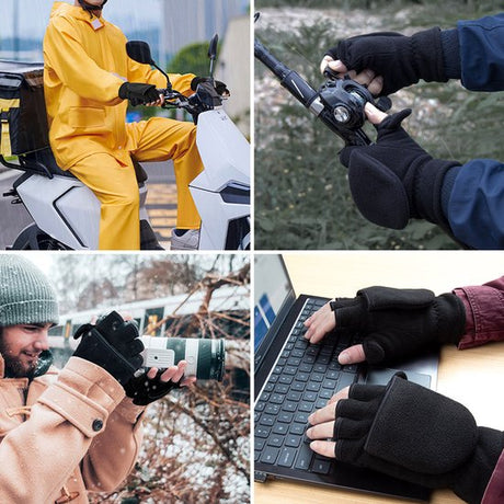 Unisex warm fleece gloves with fold-over top - Half-finger gloves - Warm gloves - Half-finger design - Suitable for writing, cycling, photo sessions with your partner - Winter gloves - Winter gift - Warm - Black XL