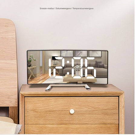Multifunctional electronic alarm clock with light effect - Creative large screen - Curved LED light - Digital home mirror - Clock decoration - Black casing, white light