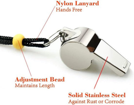 Whistle - 2-piece - Stainless steel sports whistle with lanyard - High volume whistle for survival and rescue - Suitable for coaches, referees and match officials