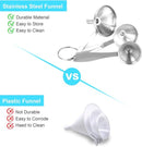 Stainless Steel Funnel Set - Set of 3 - Kitchen Funnels - Various Sizes - Funnels with Long Handles - With 2 Cleaning Brushes - Diameter: 7.5cm/5.5cm/4.5cm - Suitable for kitchen bottles, thermoses, small spice powders and k