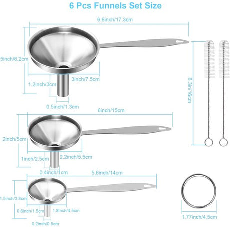 Stainless Steel Funnel Set - Set of 3 - Kitchen Funnels - Various Sizes - Funnels with Long Handles - With 2 Cleaning Brushes - Diameter: 7.5cm/5.5cm/4.5cm - Suitable for kitchen bottles, thermoses, small spice powders and k