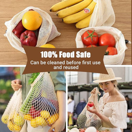 Mesh Bags - Pack of 9 - Reusable Mesh Bags for Fruits and Vegetables - Cotton Mesh Bags for Groceries - Portable Vegetable Bags in 3 Sizes - Storage Bags for Fruits and Vegetables
