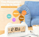 Alarm Clock - Digital Alarm Clock - Digital Clock - Smart Alarm Clock - Electronic Calendar - Cat-shaped Alarm Clock with Light - Real-time Temperature and Humidity Monitoring - Weather Display - Large Night Light Screen - USB Charging（Purple）