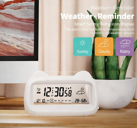 Alarm Clock - Digital Alarm Clock - Digital Clock - Smart Alarm Clock - Electronic Calendar - Cat-shaped Alarm Clock with Light - Real-time Temperature and Humidity Monitoring - Weather Display - Large Night Light Screen - USB Charging（Purple）