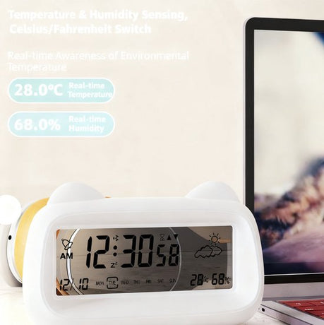 Alarm Clock - Digital Alarm Clock - Digital Clock - Smart Alarm Clock - Electronic Calendar - Cat-shaped Alarm Clock with Light - Real-time Temperature and Humidity Monitoring - Weather Display - Large Night Light Screen - USB Charging（Purple）