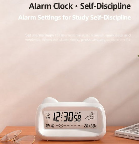 Alarm Clock - Digital Alarm Clock - Digital Clock - Smart Alarm Clock - Electronic Calendar - Cat-shaped Alarm Clock with Light - Real-time Temperature and Humidity Monitoring - Weather Display - Large Night Light Screen - USB Charging（Purple）