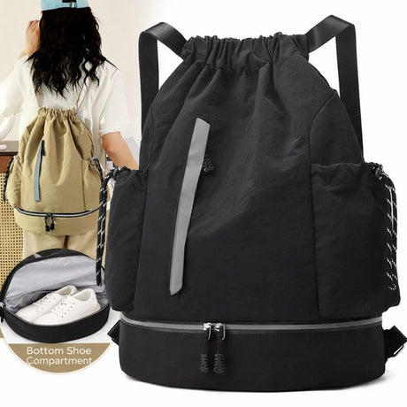 Drawstring Backpack - Waterproof Sports Bag - Lightweight Sports Backpack - With Shoe Compartment - Unisex - Suitable for Basketball, Football, Swimming and Travel - Vegetable