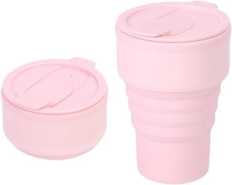 Collapsible Silicone Camping Mug – 385ml – Travel and Drinking Mug with Lid, Dishwasher Safe – Ideal for Camping, Hiking and Office (Pink)