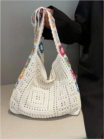 Women's shoulder bag - Embroidered bag - Handmade crocheted fabric bag - Colorful patterns - Perfect for shopping and holidays - White