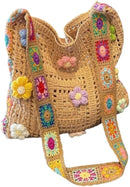 Women's shoulder bag - Embroidered bag - Handmade crocheted fabric bag - Colorful patterns - Perfect for shopping and holidays - Khaki