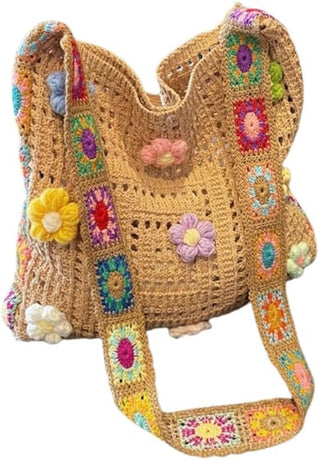 Women's shoulder bag - Embroidered bag - Handmade crocheted fabric bag - Colorful patterns - Perfect for shopping and holidays - Khaki