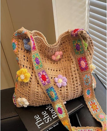 Women's shoulder bag - Embroidered bag - Handmade crocheted fabric bag - Colorful patterns - Perfect for shopping and holidays - Khaki