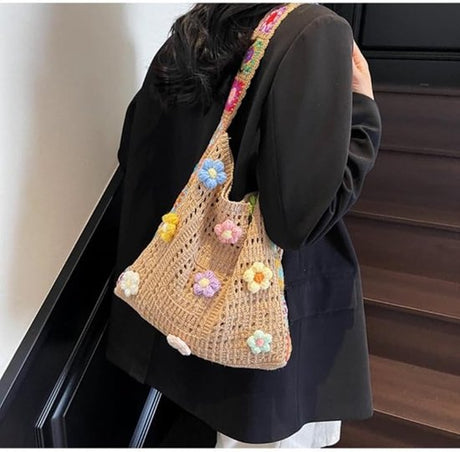 Women's shoulder bag - Embroidered bag - Handmade crocheted fabric bag - Colorful patterns - Perfect for shopping and holidays - Khaki