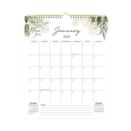 Calendar 2026 - Hangable 12 Months - Calendar - With wire-o-binding - Yearly calendar - Monthly planner - Wall calendar - 37 x 30cm - Green branches and leaves