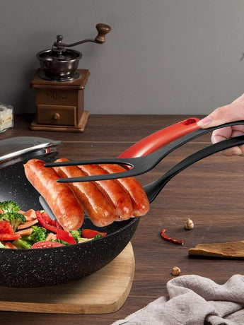 Set of 2 Food Tongs - 2-in-1 Flipper/Deep Fryer - Egg Flipper - Spatula with Clip - Egg Flipper, Kitchen Tools for Home - Black