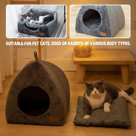 Tents Pet Bed - With Removable & Washable Cushion - Warm & Soft Fleece Fabric - For Cats & Small Dogs