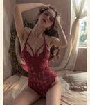 Sexy lingerie - Floral lace bodysuit - Halter neck - Open back - Seductive lingerie - One size - Red