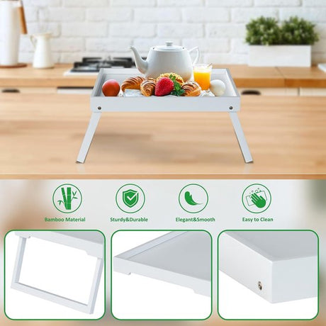 Folding table - Multifunctional folding table for home - Folding bamboo bedside table - Can be used as a dining table, TV table, laptop table, snack table, sofa table or work table - White