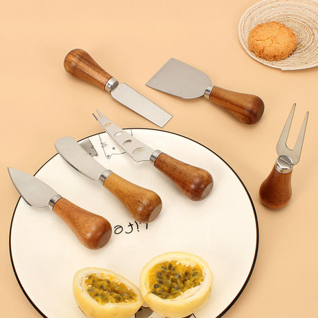 Cheese Knives Set – Portable for Picnic, 4.9 Inches with Wooden Handle, Silver, Set of 6