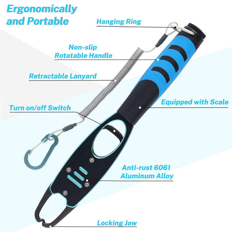 Fish Grabber with Scale - Non-Slip Handle - One-Handed Use - 360° Rotatable - Includes Wrist Strap